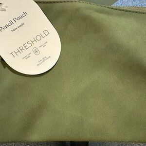 Threshold faux suede pencil pouch olive green gold zipper NWT